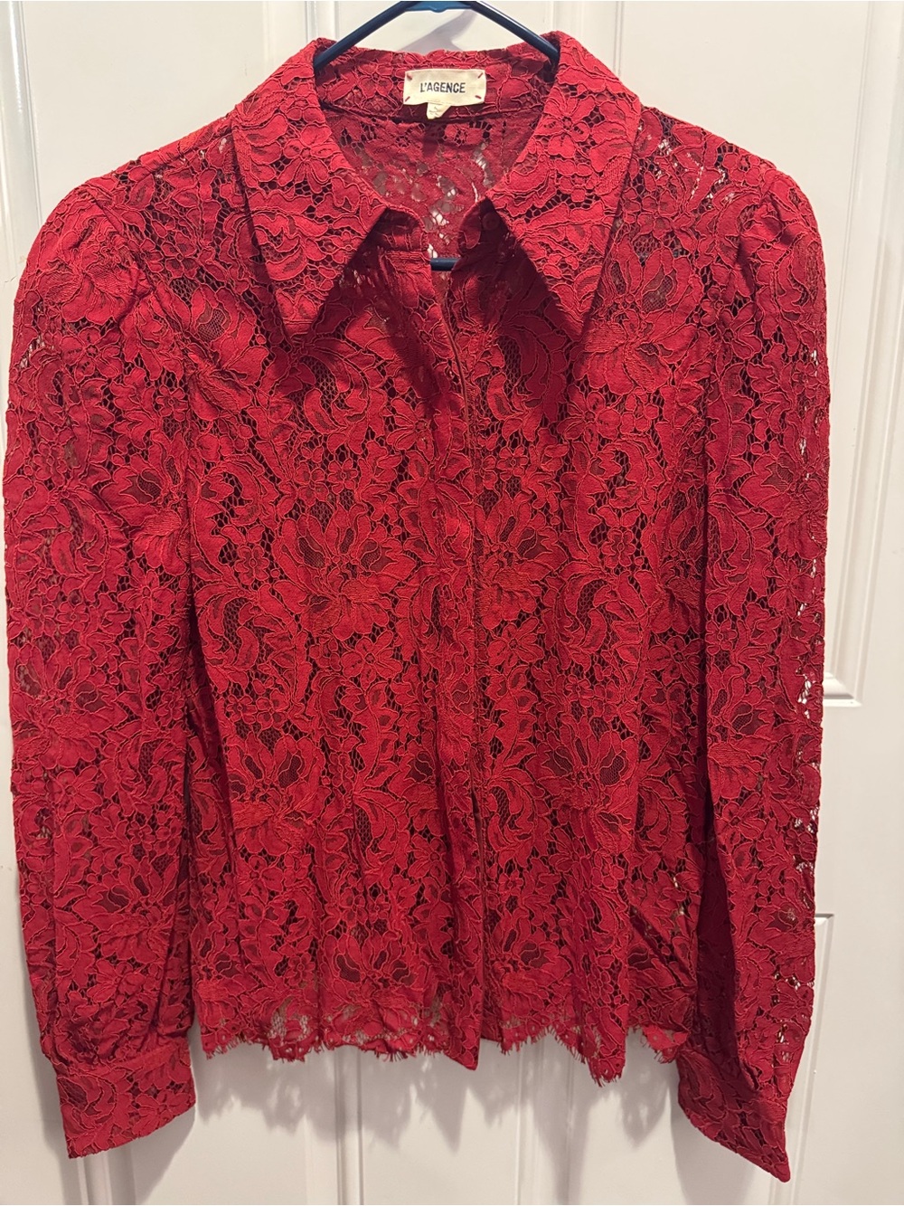 L'AGENCE Red Lace Blouse Intricate Floral Structured Collar Sheer Button $425.00